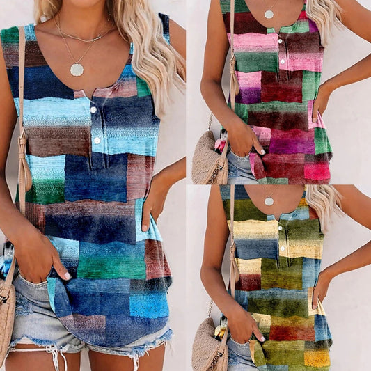 New Striped Printed Button Loose U-neck Vest T-shirt