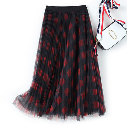 Spring High Waist Mid-length Pleated Skirt Mesh Skirt