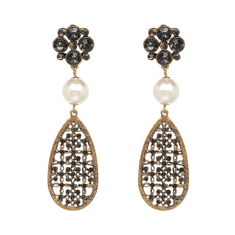 Retro Ethnic Style Earrings Color Rhinestone Simple Geometric Hollow Carved