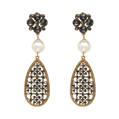 Retro Ethnic Style Earrings Color Rhinestone Simple Geometric Hollow Carved