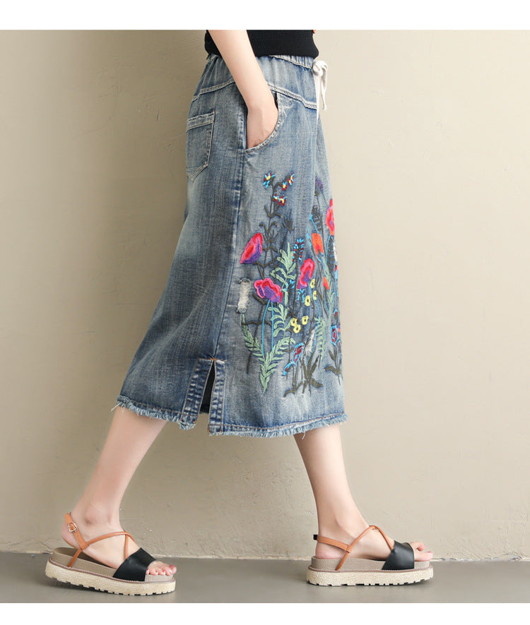 Plus Size Ethnic Style Denim Heavy Embroidery Skirt