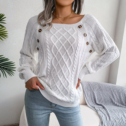 Effortless Elegance: Square Neck Button Fried Dough Twist Knitting Sweater