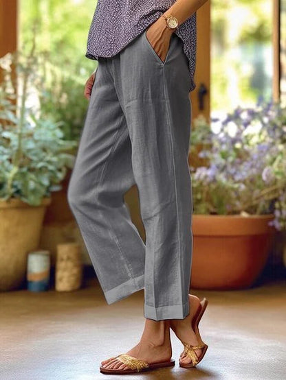 Classic Comfort: Women's Cotton Mid-Waist Trousers