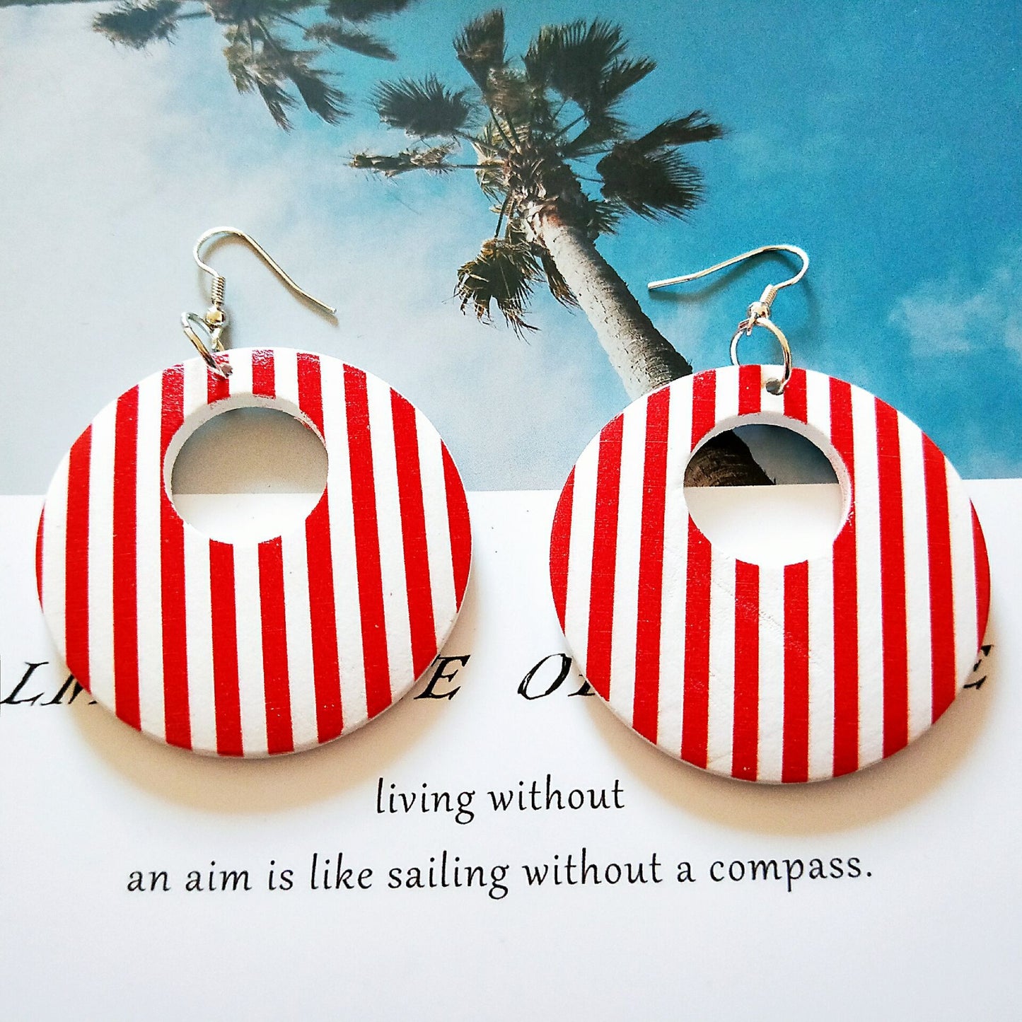 Round Printed Hollow Wooden Earrings South Korea