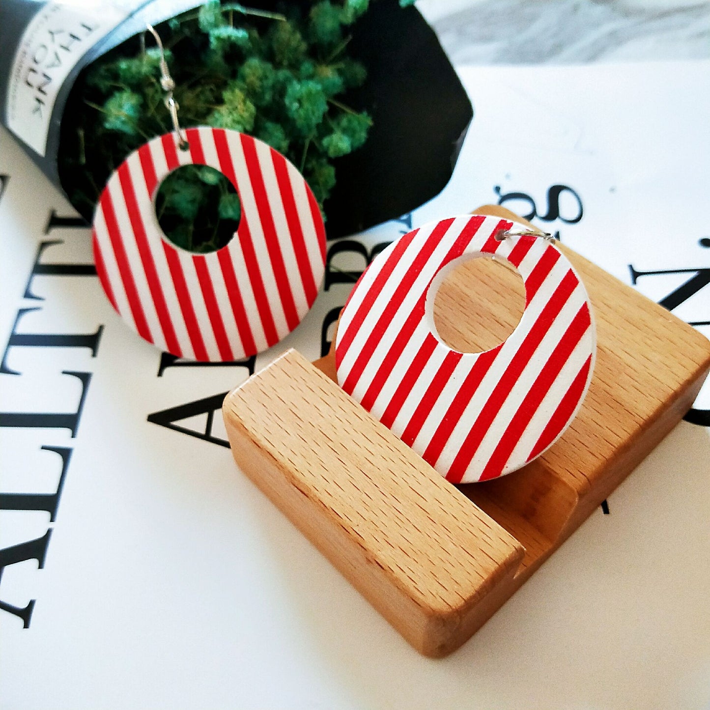 Round Printed Hollow Wooden Earrings South Korea