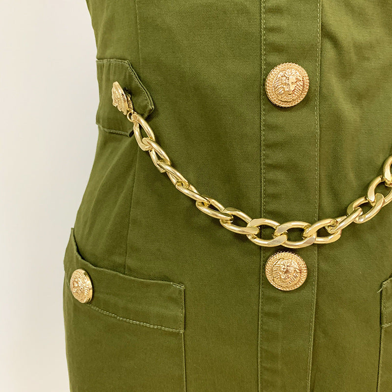 Step into Style: Lion Buttons Chain Halter Dress