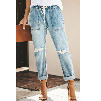 Elevate Your Casual Style with Drawstring Straight Ripped Jeans for Women