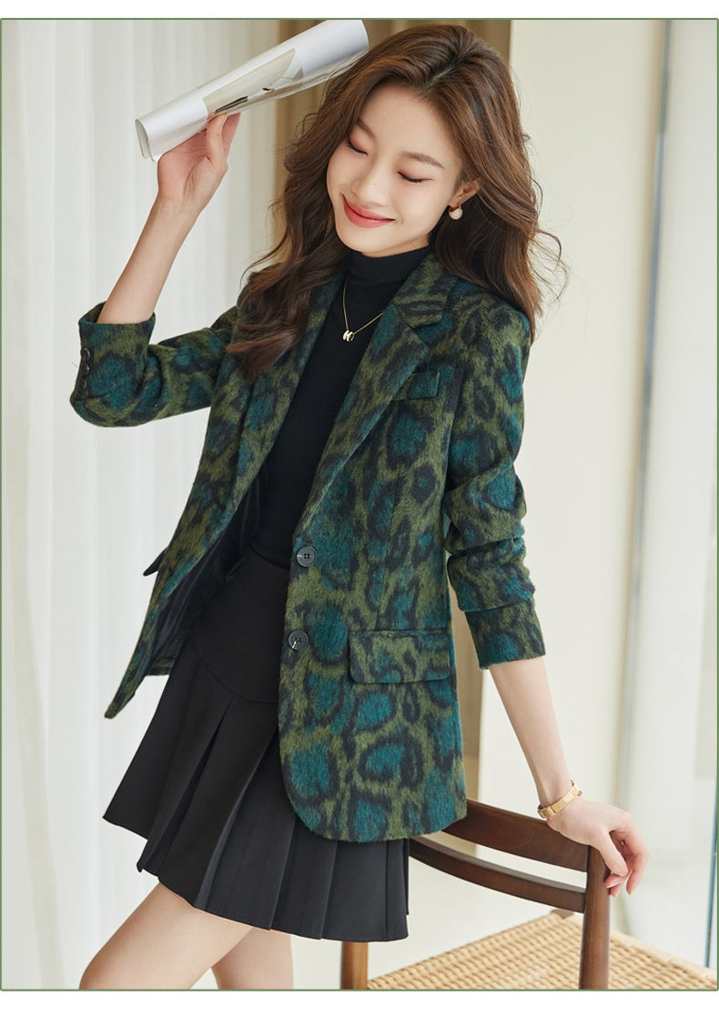 Business Suit Leopard Print Woolen Retro Coat