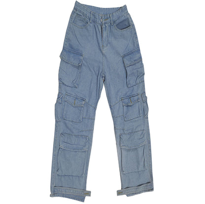 European And American Fashion Multi-pocket Jeans Washed Overalls