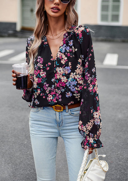 Elevate Your Wardrobe with the Casual Floral Print V Neck Long Sleeve Shirt Chiffon Blouse