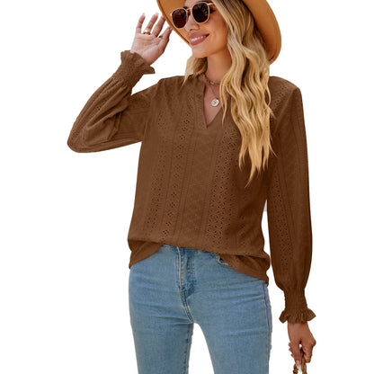 Elevate Your Wardrobe with the Solid Color Hollow-out Pleated Ruffle Sleeve V-neck Loose Long Sleeve Top