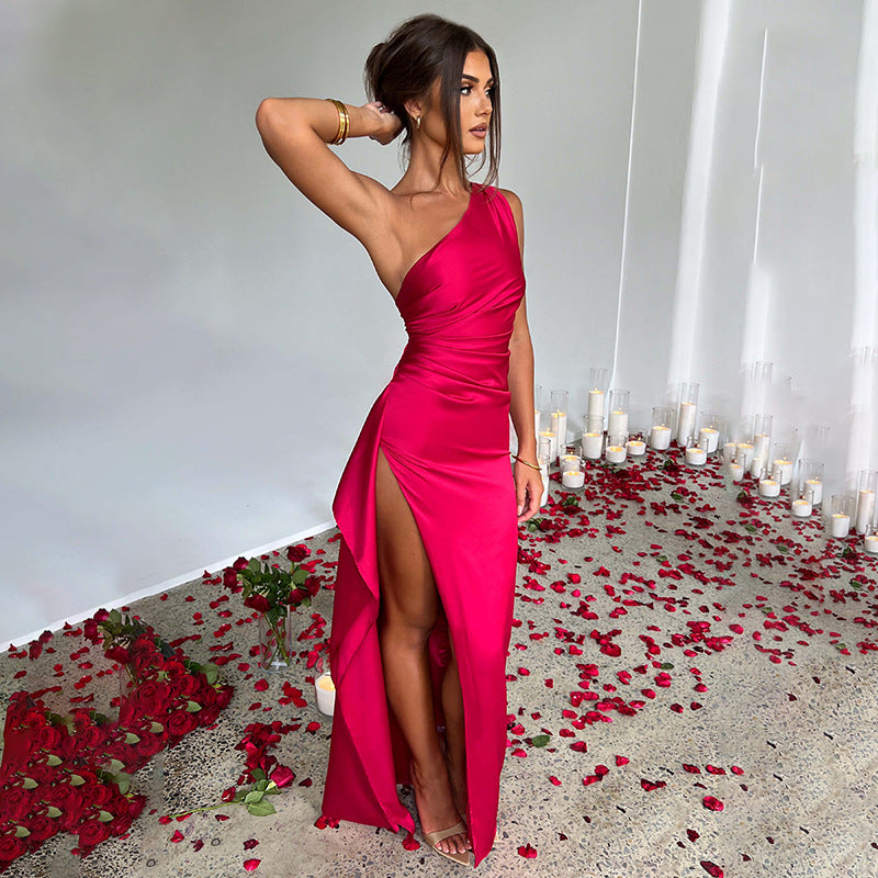 Elevate Your Elegance with the One-Shoulder Pleated Split Satin Dress