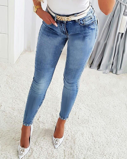 Trendy High Waist Beaded Skinny Tapered Jeans