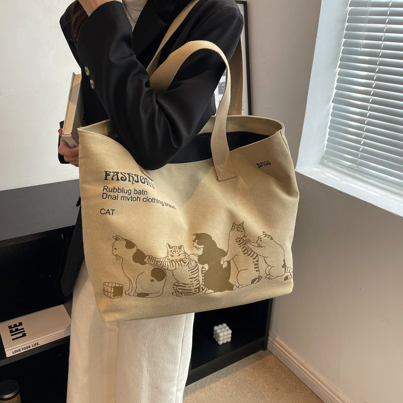 Cute Cartoon Cat Printed Canvas Bag: Your Stylish Shopping Companion