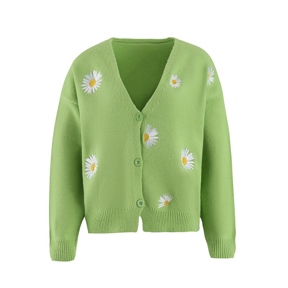 Blossom in Style: Women's Single Breasted Sweater Chrysanthemum Embroidered Cardigan Coat