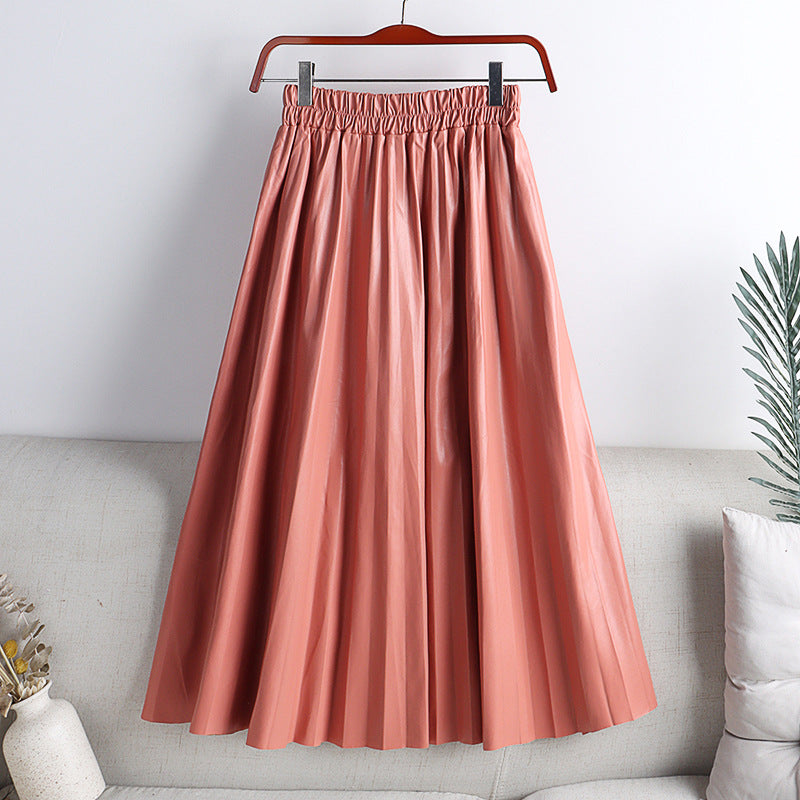 Solid Color Mid-length High Waist PU Leather Pleated Skirt For Women