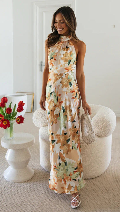 Embrace Elegance with the Tie Halter Lace-up Backless Print Dress