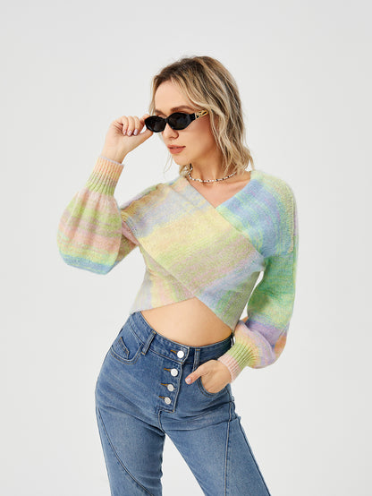 Embrace Vibrancy: Women's Loose Casual Rainbow Stretch Off-Shoulder Sweater