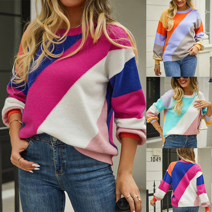 Street Chic: Women's Fashionable Simple Striped Patchwork Round Neck Sweater