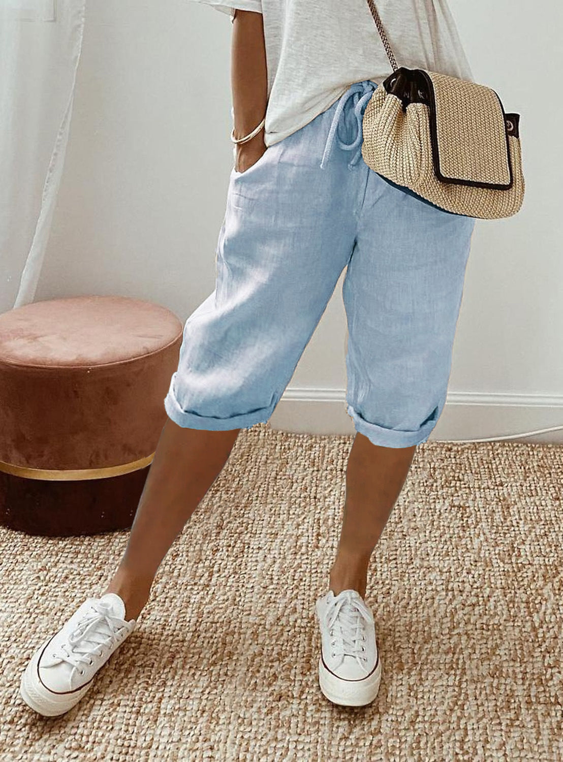 Effortless Elegance: Women's Cotton and Linen Pocket Elasticated Slacks