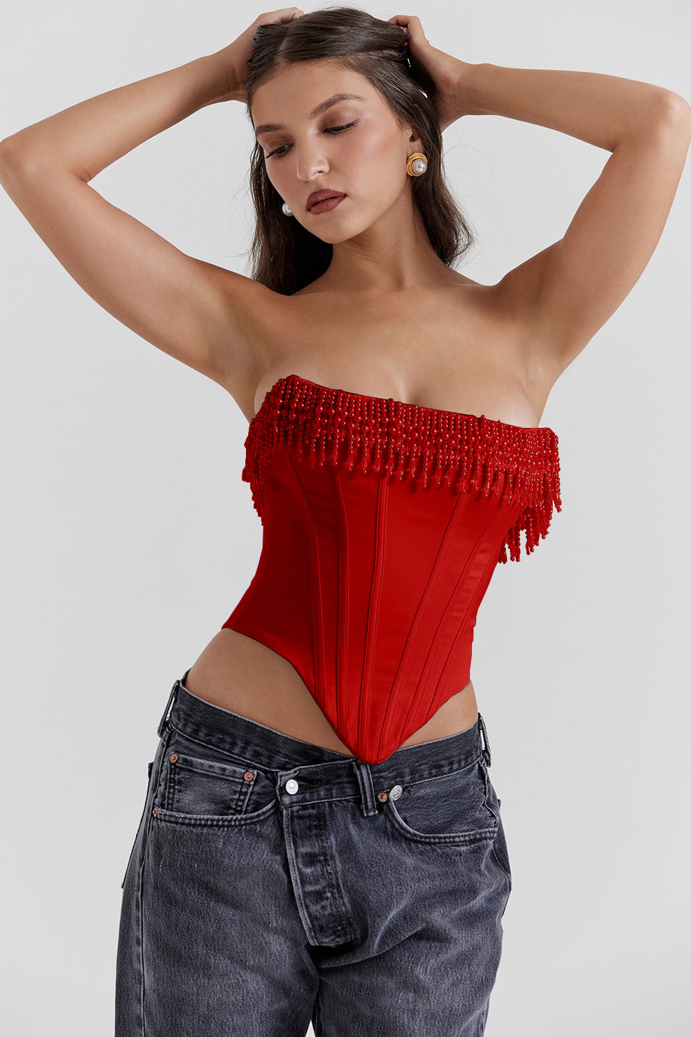 Solid Color Sexy Pearl Tube Top Sleeveless Fishbone Vest