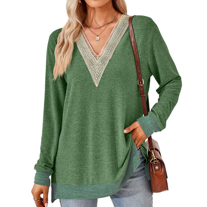Elevate Your Wardrobe with the Fashion V-neck Lace Solid Color Loose-fitting T-shirt Top
