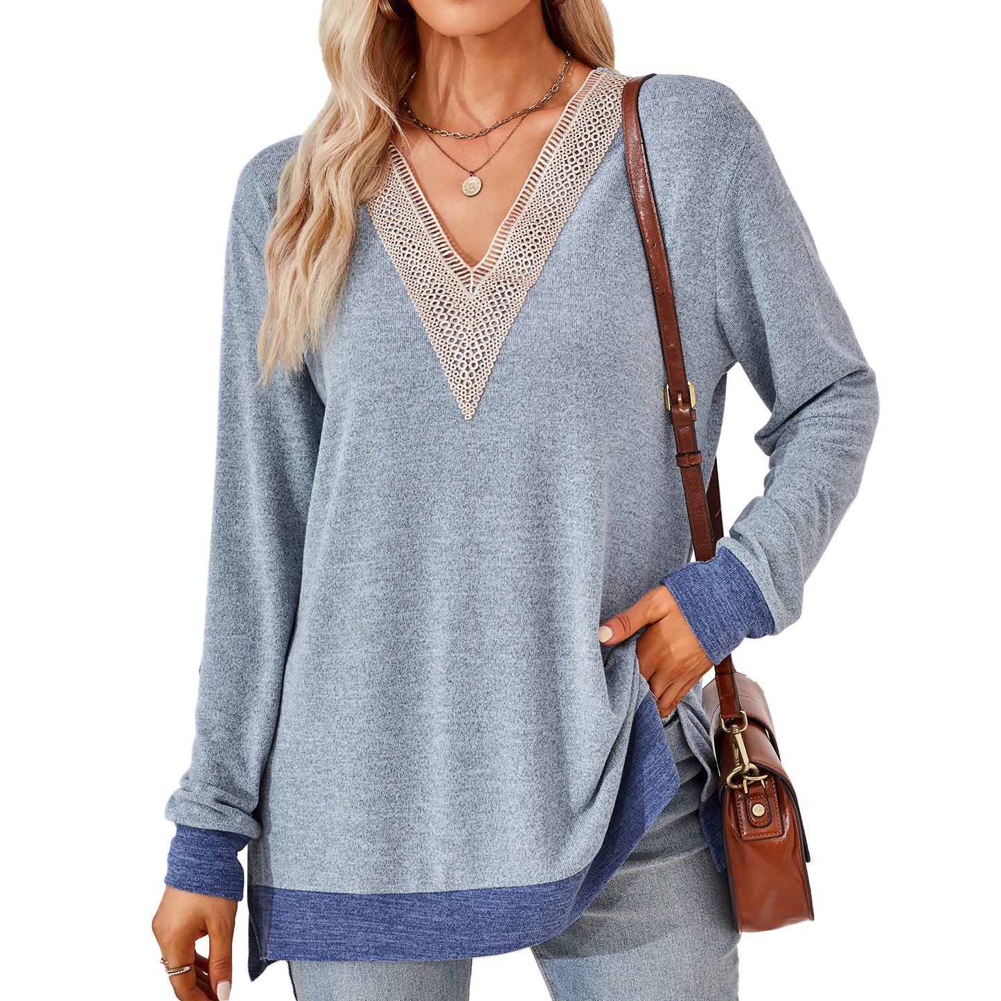 Elevate Your Wardrobe with the Fashion V-neck Lace Solid Color Loose-fitting T-shirt Top