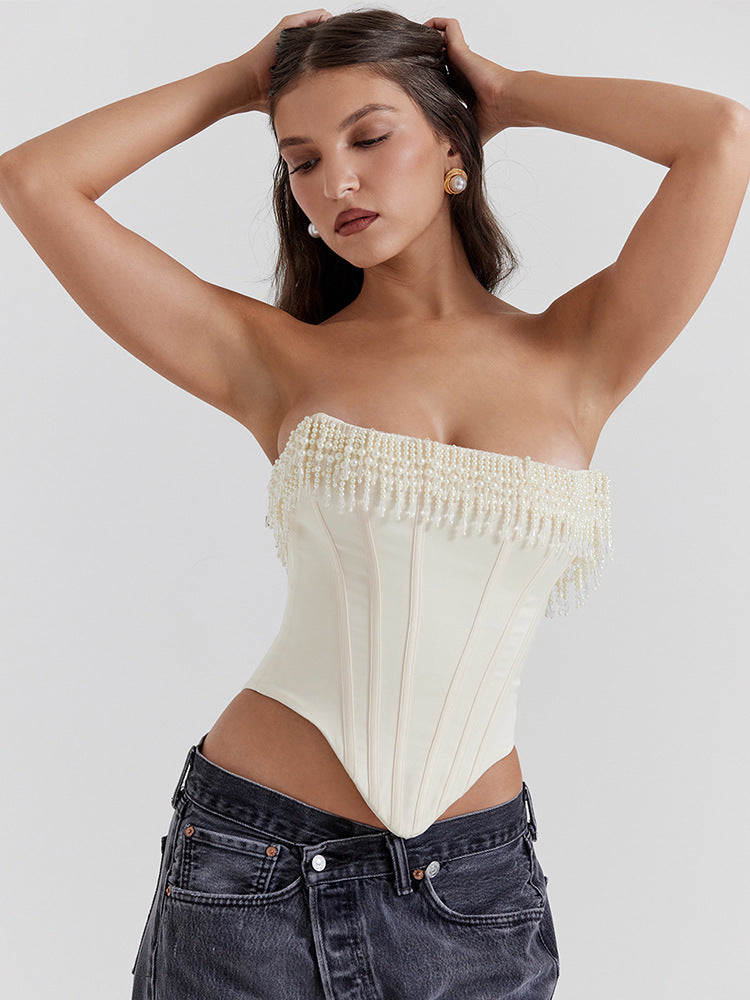 Solid Color Sexy Pearl Tube Top Sleeveless Fishbone Vest