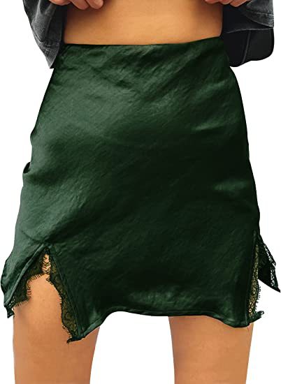 Women's Satin Lace Furcal Lower Hem Zipper High Waist Mini Skirt