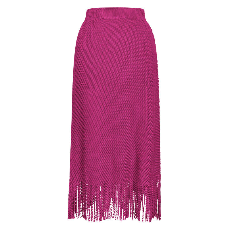 Summer High Waist Pure Color All-matching Tassel Skirt