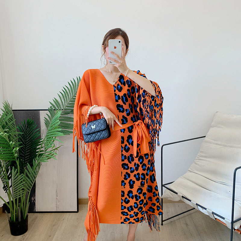 Autumn Women's Pleated Leopard Print Color-matching Dress