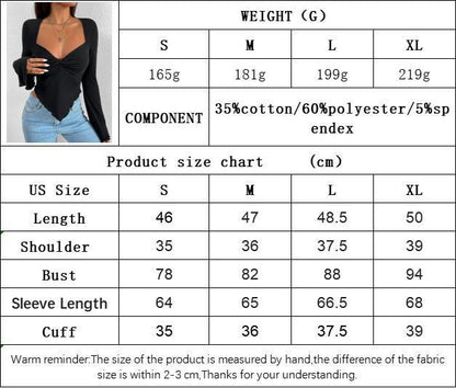 V-neck Flared Sleeves Waist Trimming Knitted Long Sleeve T-shirt