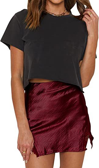 Women's Satin Lace Furcal Lower Hem Zipper High Waist Mini Skirt