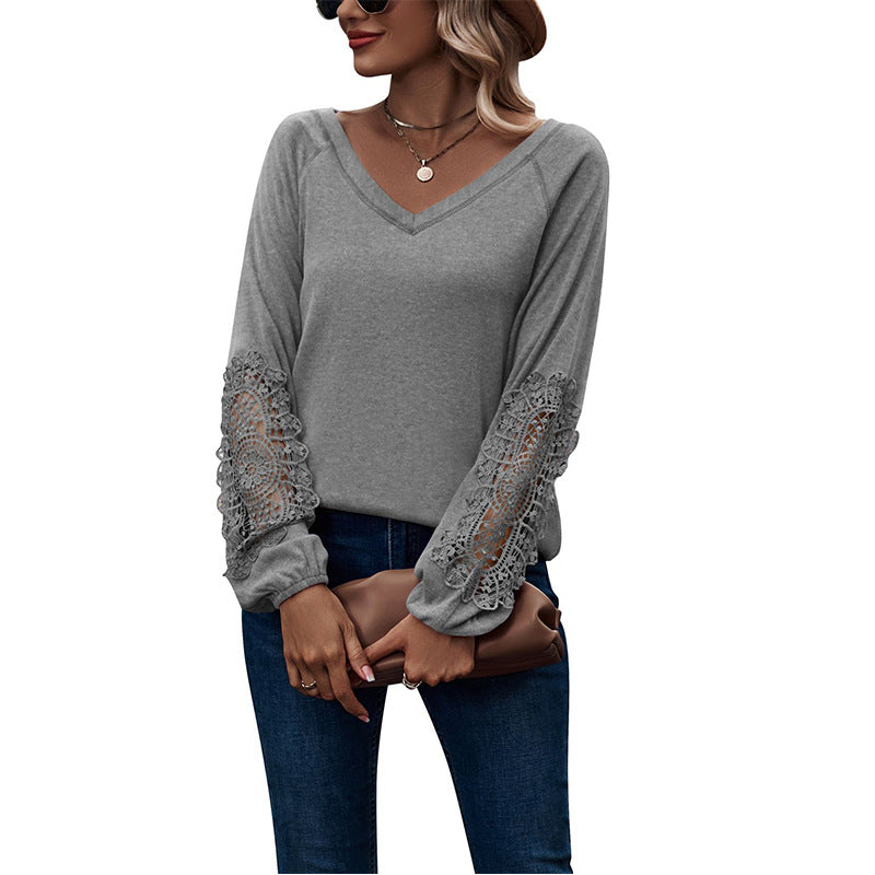 Elevate Your Wardrobe with the Loose Casual V-neck Lace Lace Long-sleeved Top