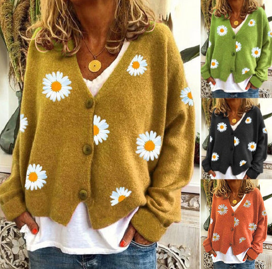 Blossom in Style: Women's Single Breasted Sweater Chrysanthemum Embroidered Cardigan Coat