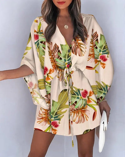 Embrace Sunshine with the V-Neck Tie Printed Beach Dress