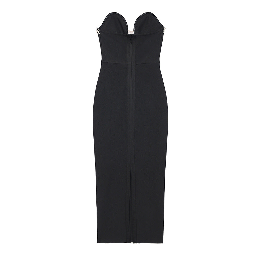 Tube Top V-neck Diamond Black Bandage One-piece Dress