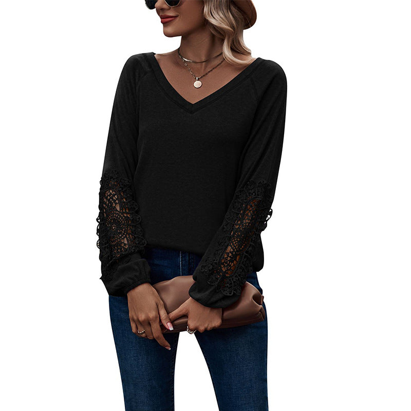 Elevate Your Wardrobe with the Loose Casual V-neck Lace Lace Long-sleeved Top
