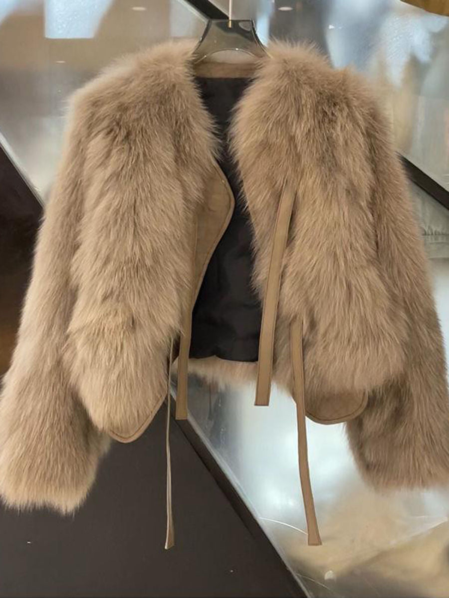 Environmental Elegance: Short Lace-up Fox Fur Coat