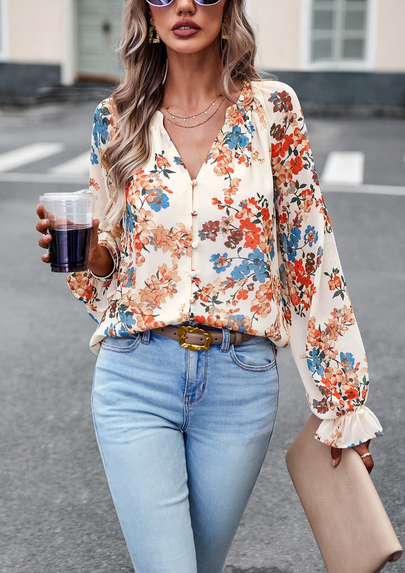 Elevate Your Wardrobe with the Casual Floral Print V Neck Long Sleeve Shirt Chiffon Blouse