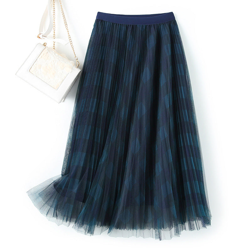 Spring High Waist Mid-length Pleated Skirt Mesh Skirt