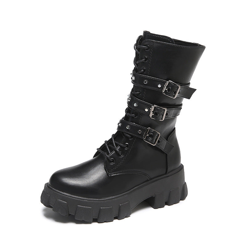 Buckle Lace-up Side Zip Punk Women's Mid Boots