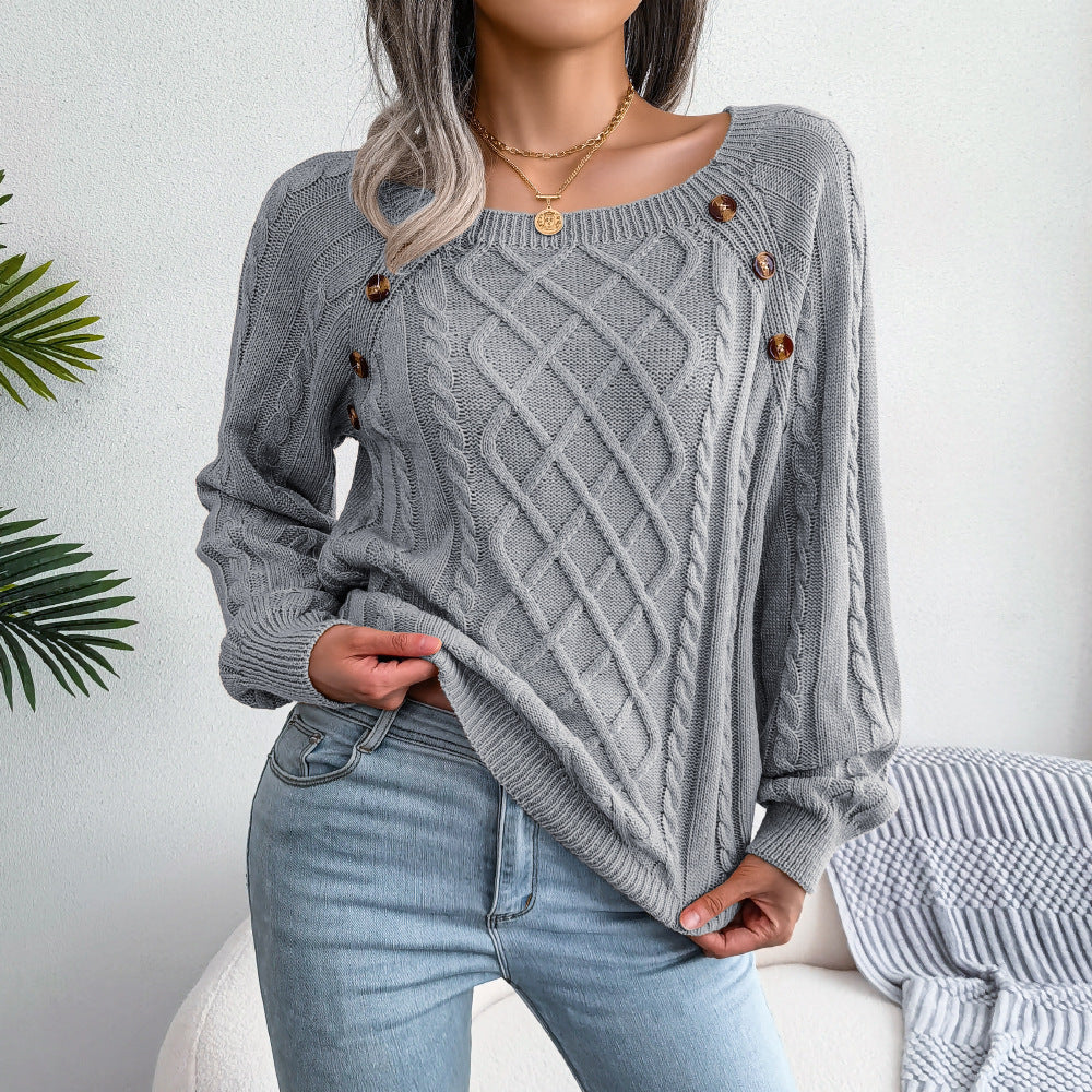 Effortless Elegance: Square Neck Button Fried Dough Twist Knitting Sweater