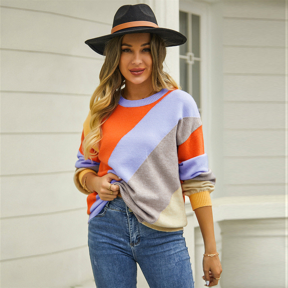 Street Chic: Women's Fashionable Simple Striped Patchwork Round Neck Sweater