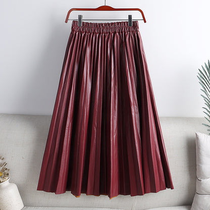 Solid Color Mid-length High Waist PU Leather Pleated Skirt For Women
