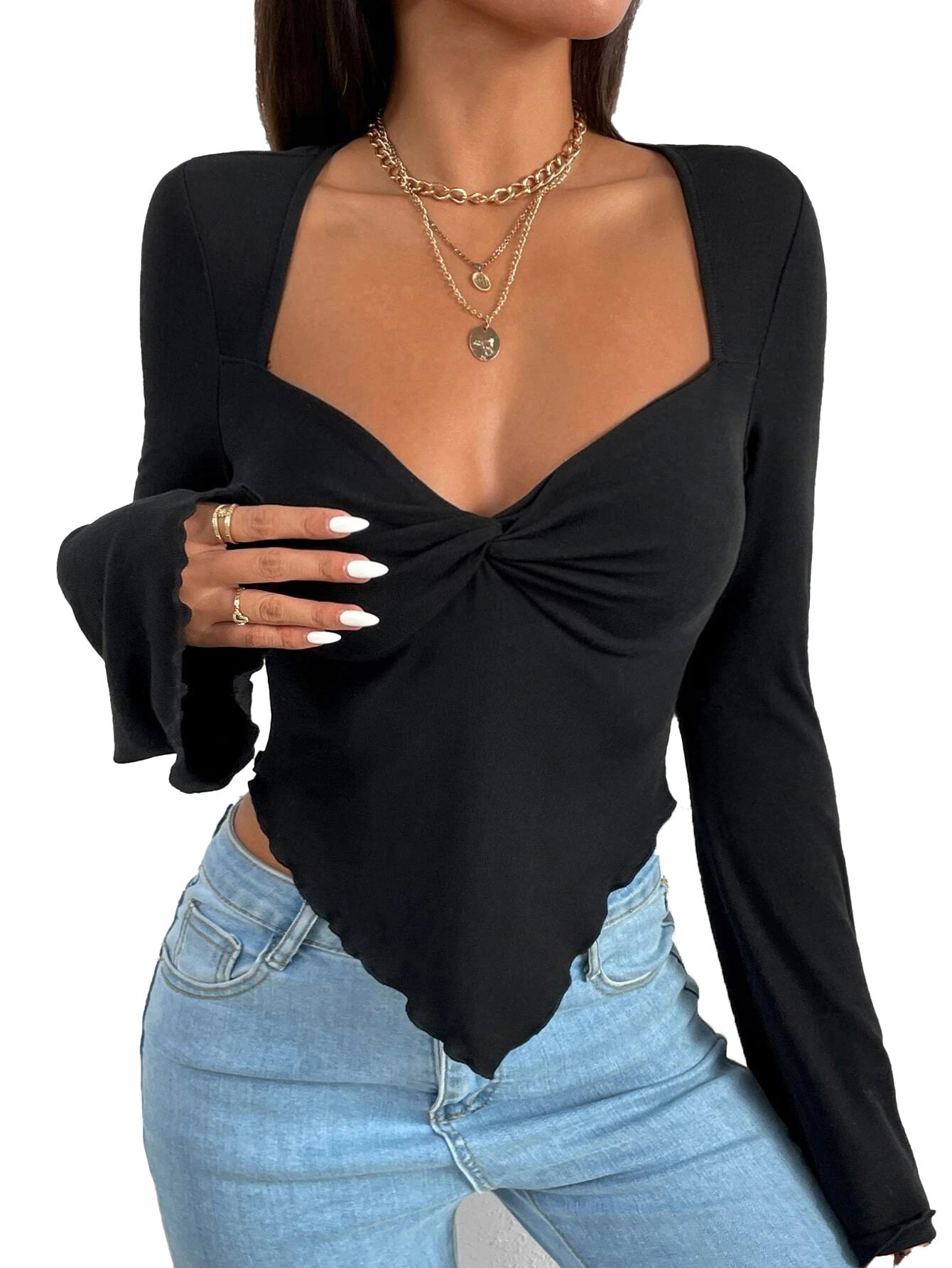 V-neck Flared Sleeves Waist Trimming Knitted Long Sleeve T-shirt